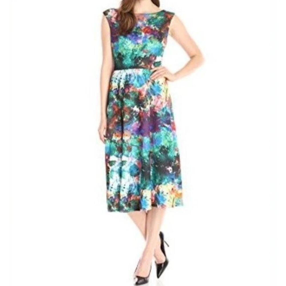 Betsey Johnson Colorful Watercolor Fit & Flare Sleeveless Artsy Midi Dress 6 - Picture 6 of 12